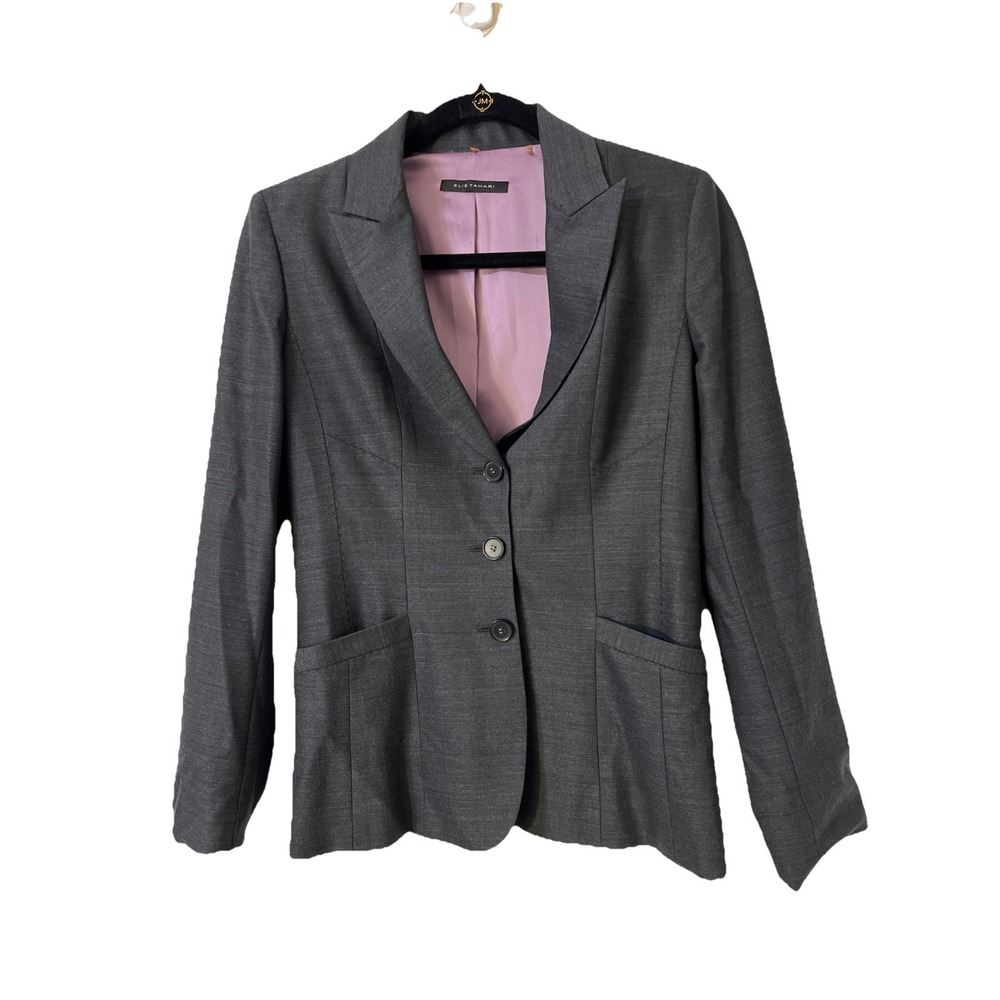 Elie Tahari Dark Gray Fitted Wool Blend Blazer Jacket Size‎ 6 Preppy Academia